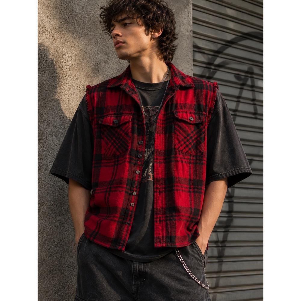 Abercrombie & Fitch Red Plaid Flannel Vest Grunge Punk Y2K Men's L Distressed
